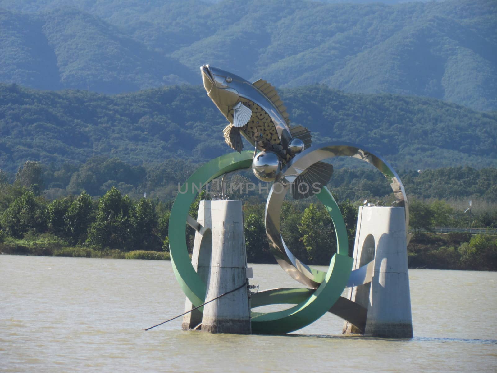 Chuncheon, South Korea- 19th Sep, 2020: The Statue of fish in middle of Soyanggang or soyang river with blue sky