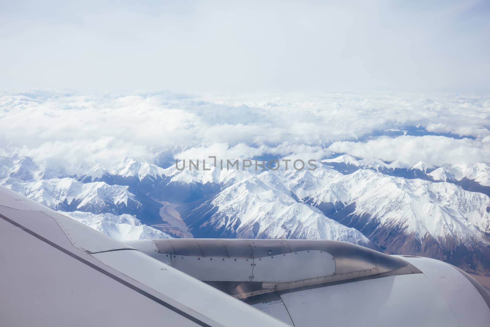 The view over the Great Southern Alps on a sunny spring day in South Island, New Zealand