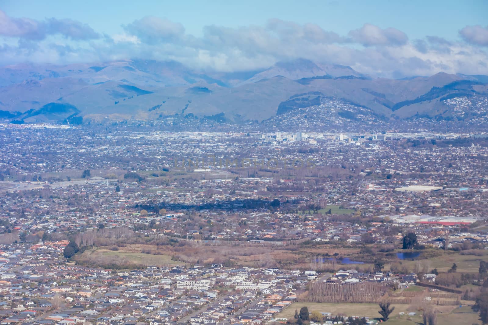 The view over Christchurch on a sunny spring day in South Island, New Zealand