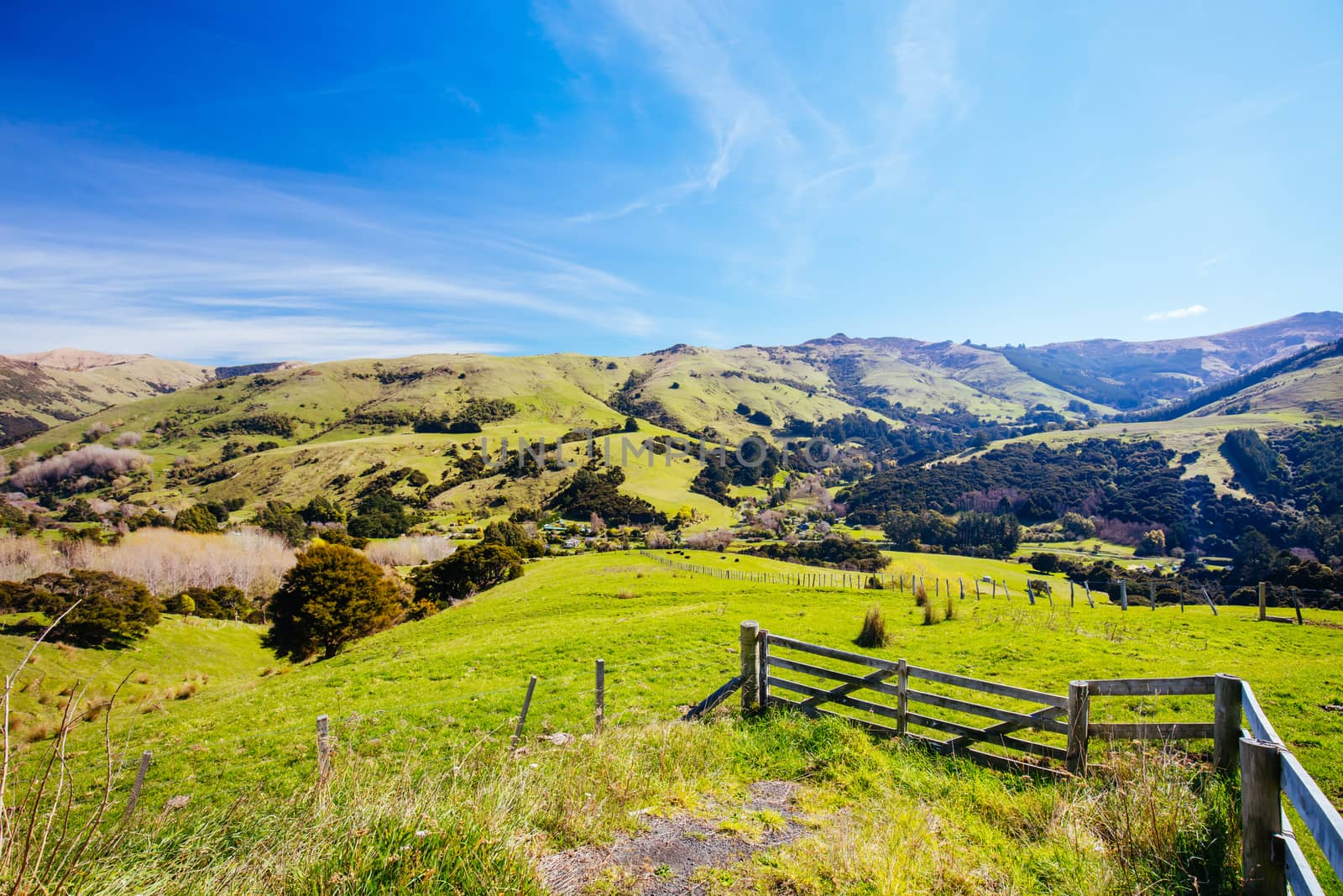 The beautiful landscape of Banks Peninsula near Akaroa in Canterbury region of New Zealand