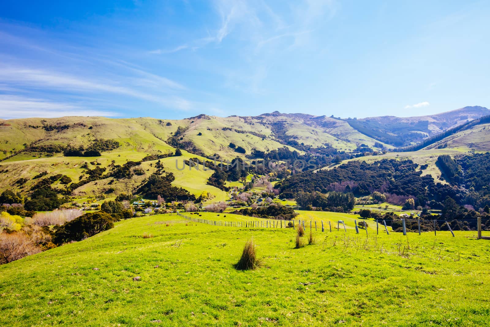 The beautiful landscape of Banks Peninsula near Akaroa in Canterbury region of New Zealand