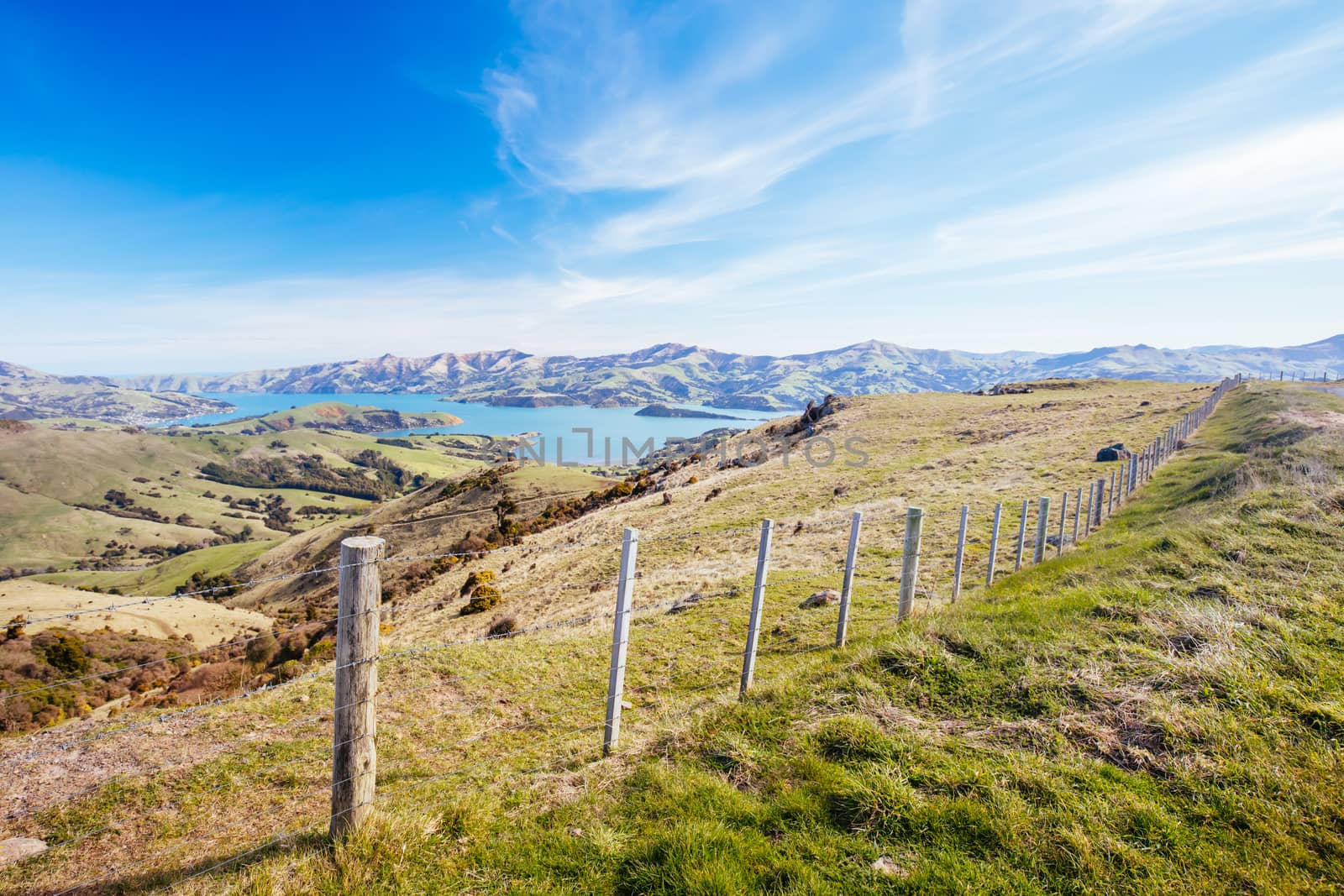 The beautiful landscape of Banks Peninsula near Akaroa in Canterbury region of New Zealand