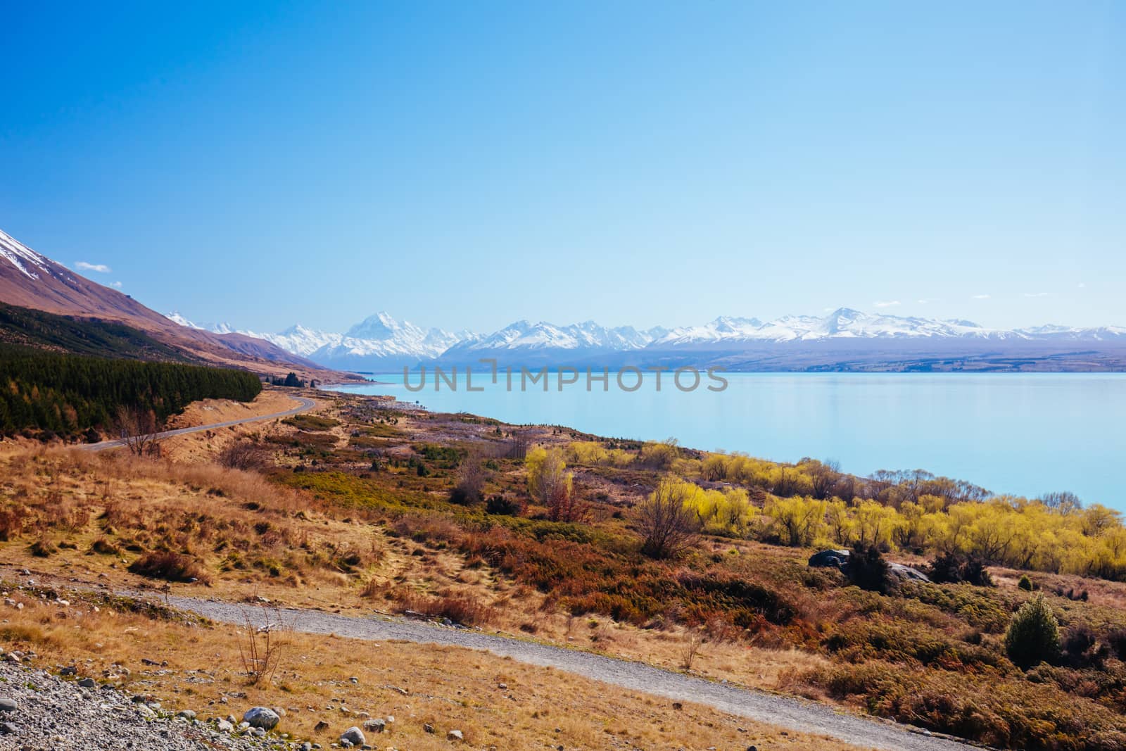 State Highway 80 near Mt Cook Village at Peter's Lookout next to Lake Pukaki on a clear sunny spring afternoon in New Zealand