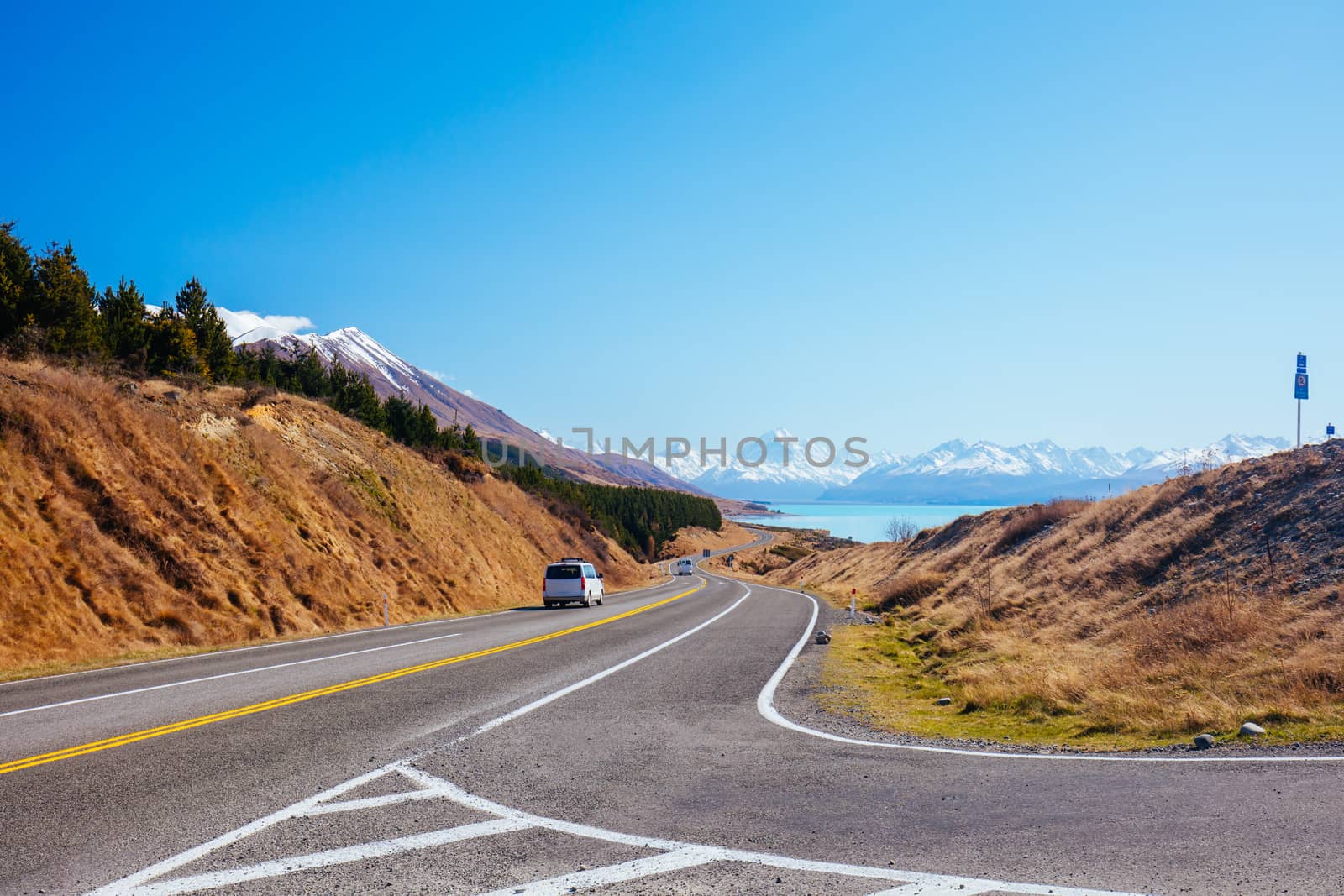 State Highway 80 near Mt Cook Village at Peter's Lookout next to Lake Pukaki on a clear sunny spring afternoon in New Zealand