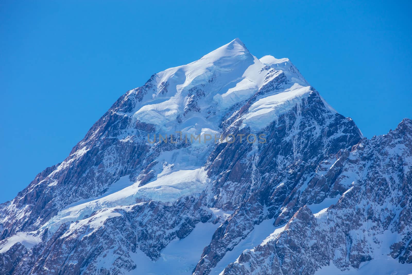 The summit of Mt Cook from the Hooker Valley Track in New Zealand