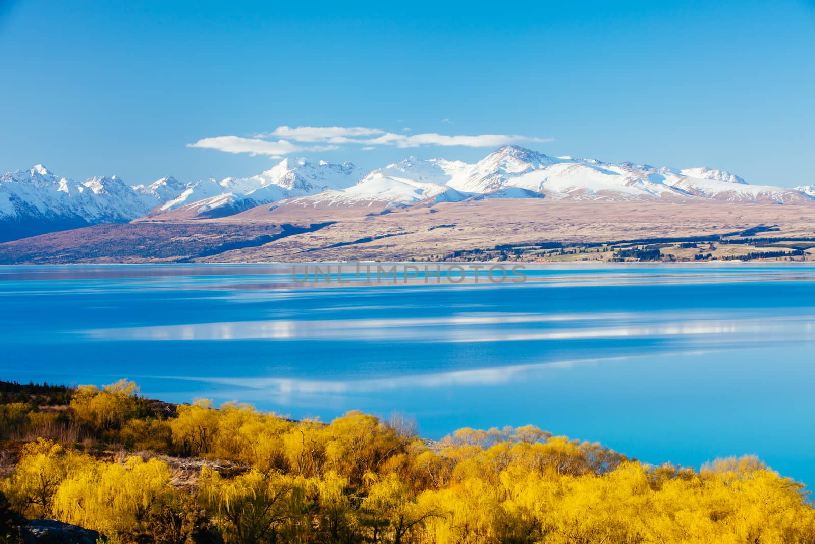 State Highway 80 near Mt Cook Village at Peter's Lookout next to Lake Pukaki on a clear sunny spring afternoon in New Zealand