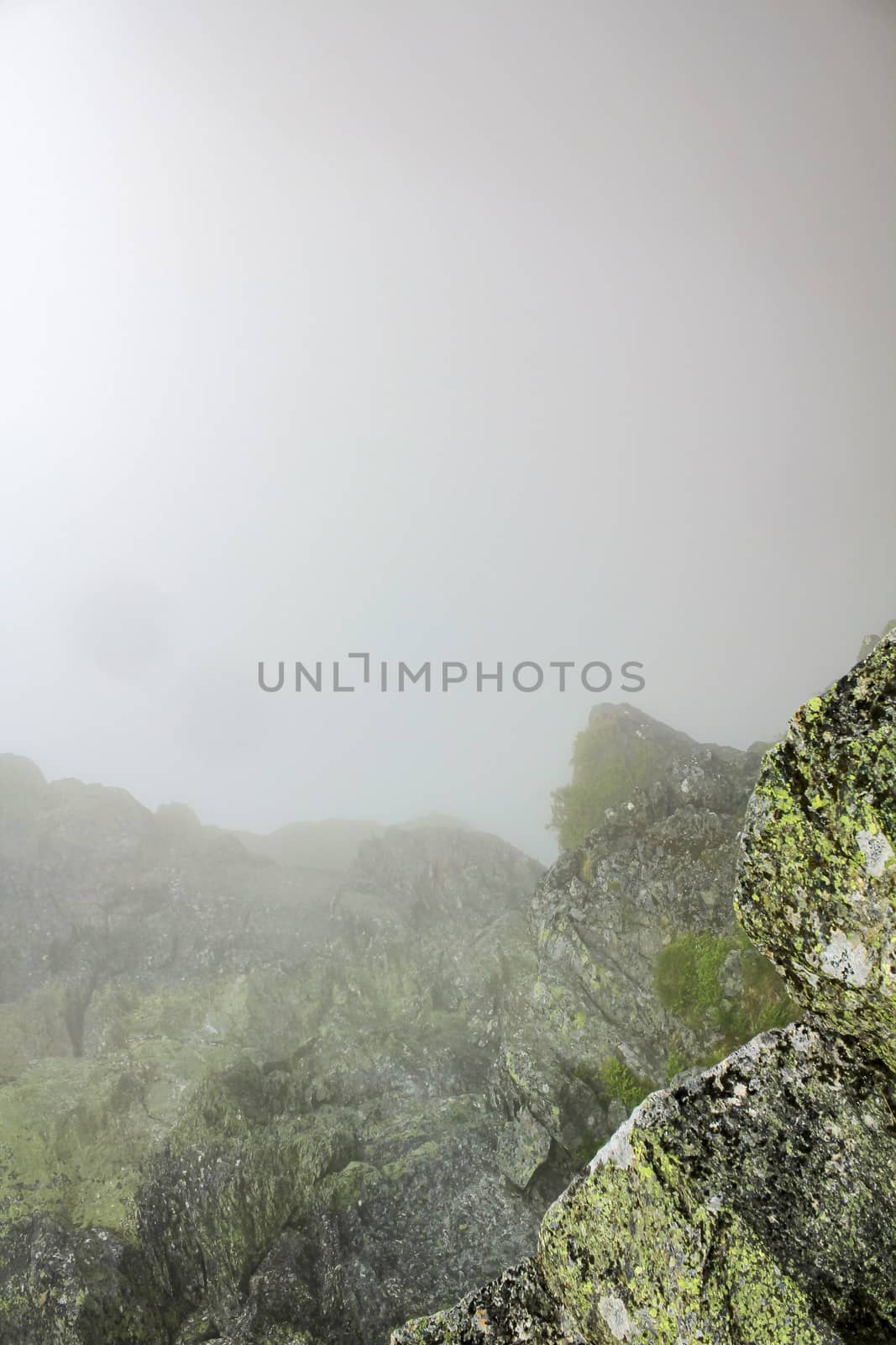 Fog, clouds, rocks and cliffs on Veslehødn Veslehorn mountain, Norway. by Arkadij