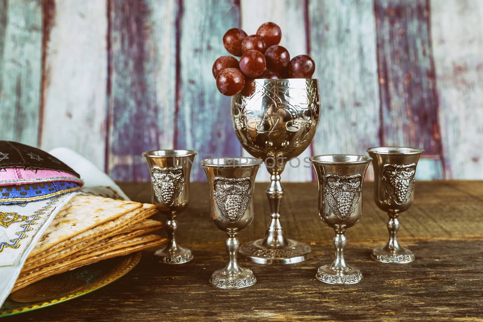 Jewish holiday Passover with matzah, pesah celebration four cup kosher wine