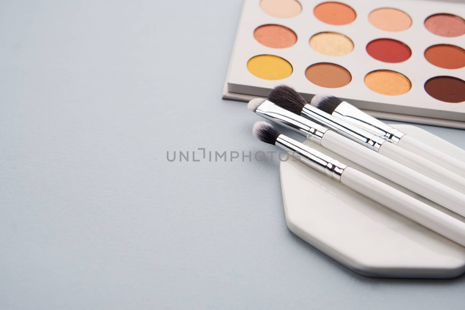 eyeshadows on isolated background and makeup brushes professional cosmetics. High quality photo