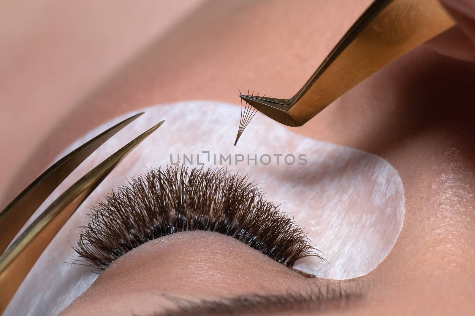 Eyelash Extension Procedure. Woman Eye with Long Eyelashes. Lashes. Close up tweezers, macro, selective focus