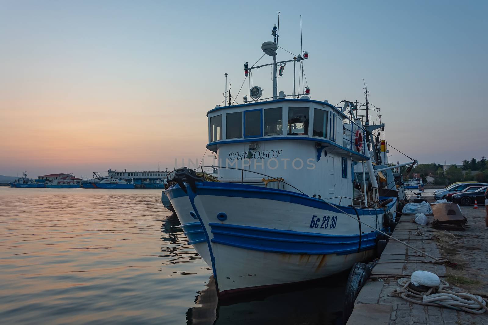 Sozopol, Bulgaria - 08/30/2018: marine vessel moored to the pier, seascape