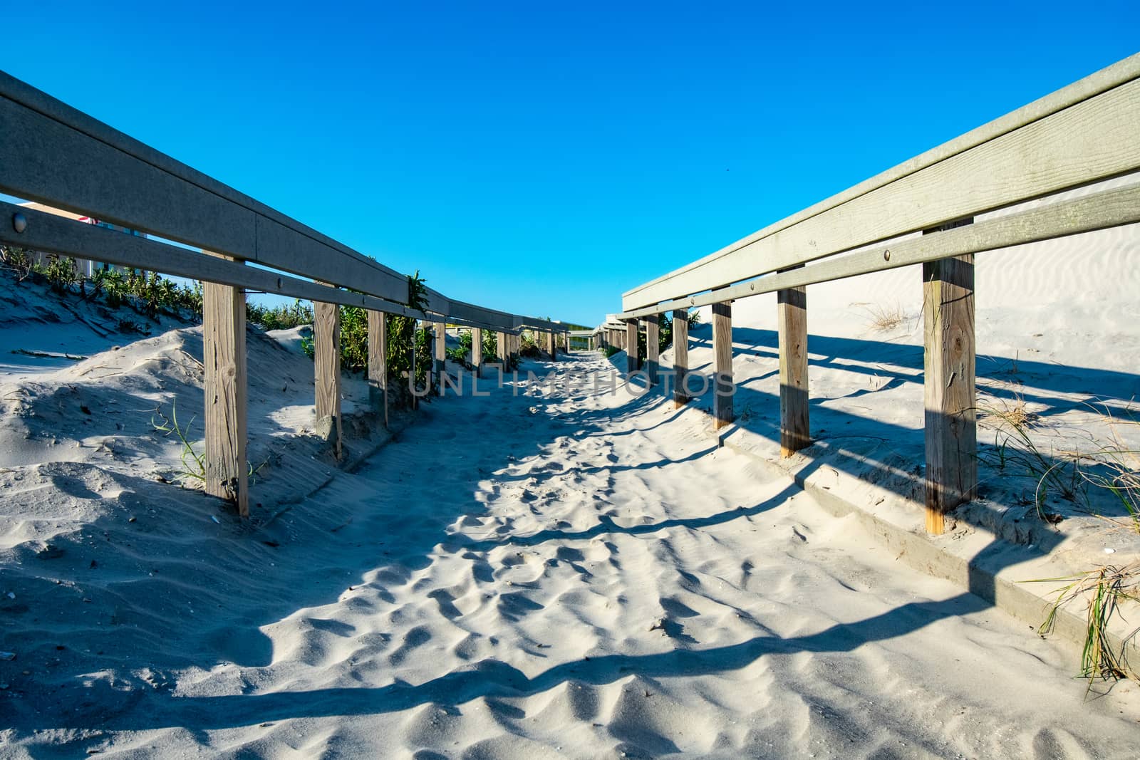 A Sandy Beach Path With a Wooden Fence on Each Side Casting Shadows in Wildwood New Jersey