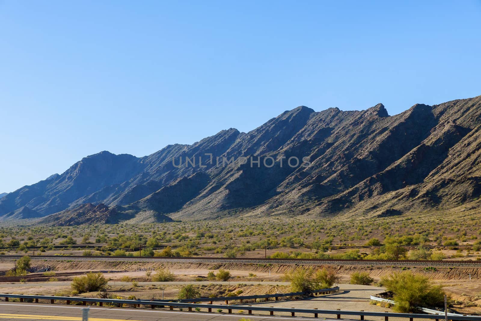 Mountains along desert, blue sky in the landscape of Arizona, USA