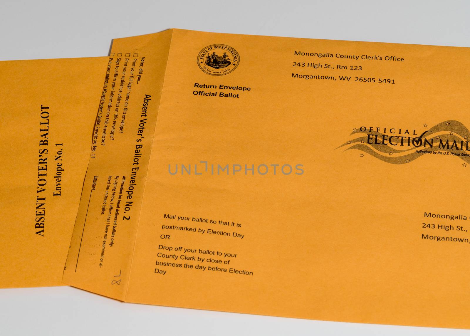 Two envelopes used in West Virginia for absentee or mail-in voting in Presidential election