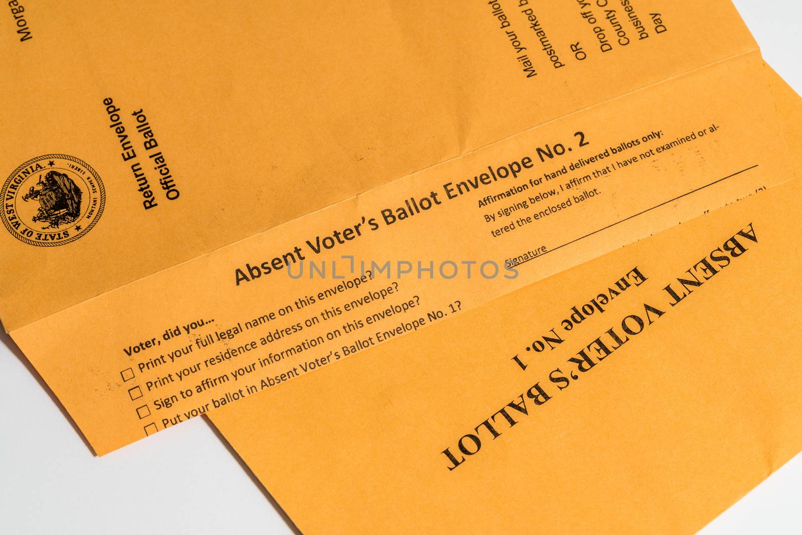 Two envelopes used in West Virginia for absentee or mail-in voting in Presidential election