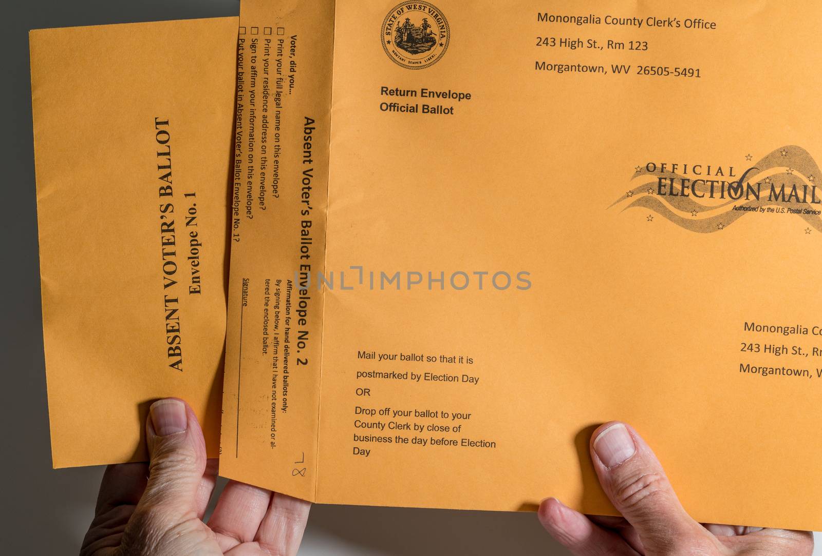Two envelopes used in West Virginia for absentee or mail-in voting in Presidential election