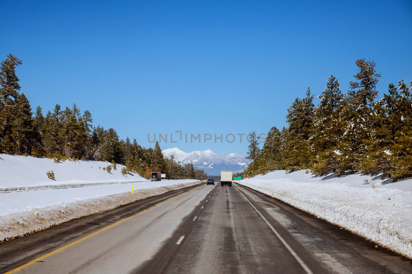 Mountain snowy road in Colorado, United States winter in Colorado on mountain landscape
