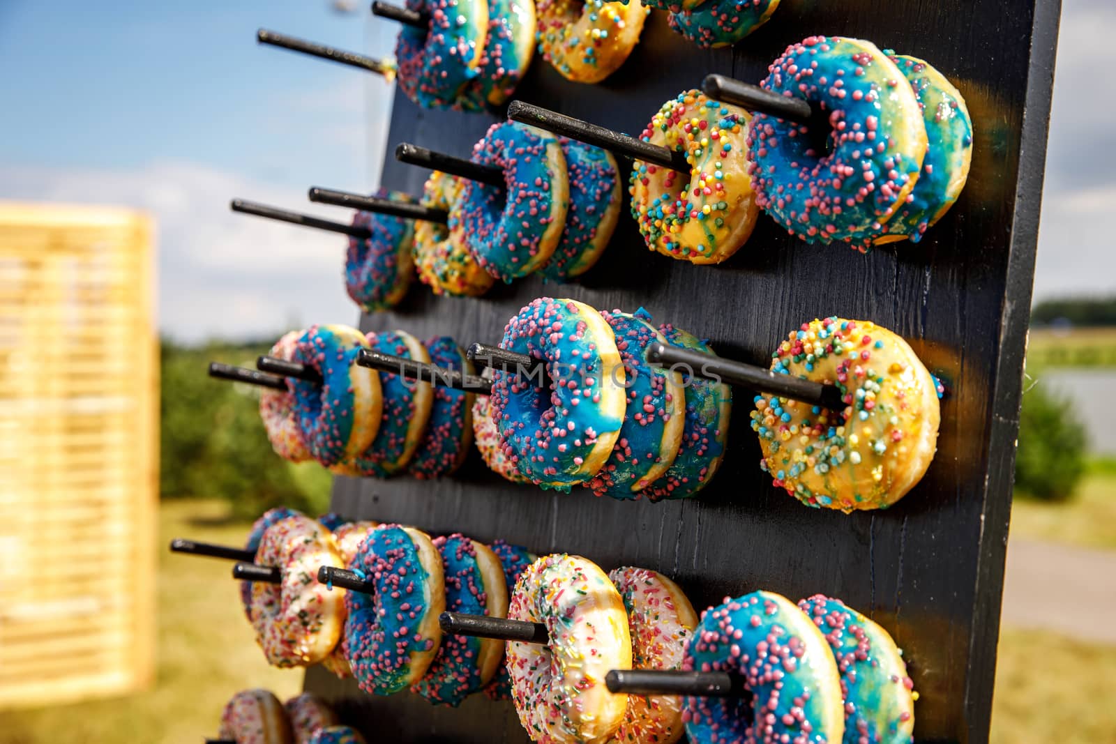 Assorted donuts on a wand. Dessert colorful snack by 9parusnikov