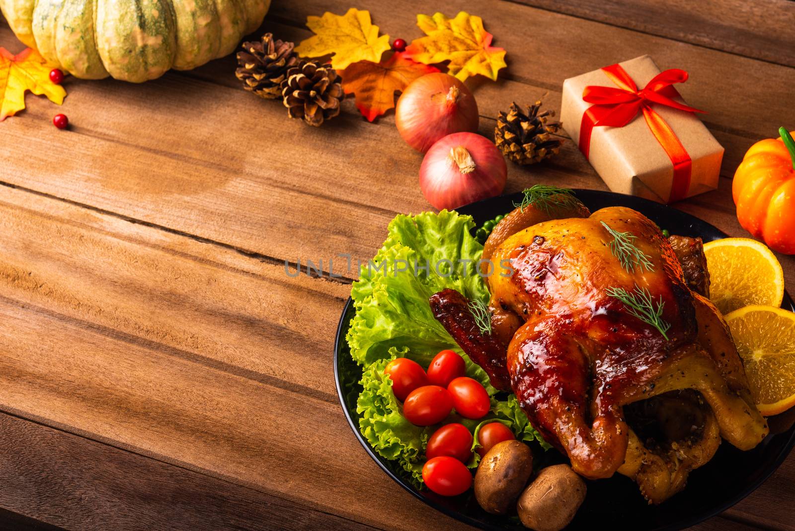 Thanksgiving roast turkey or chicken and vegetables, Top view Christmas dinner feast food decoration traditional homemade on wooden table background, Happy thanksgiving day of holiday concept