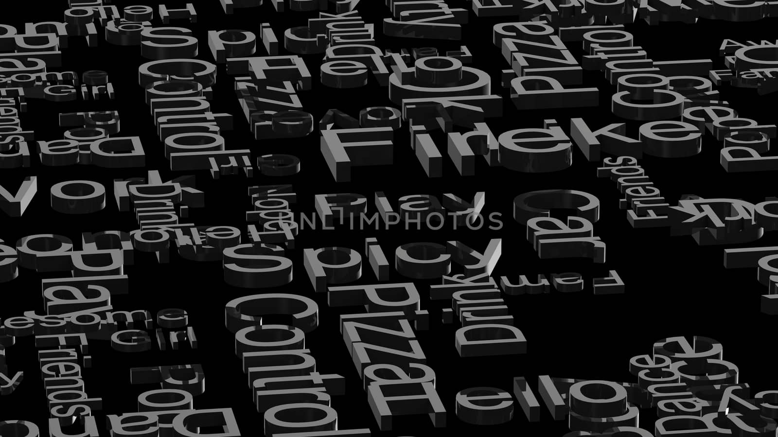 wallpaper gray text random words on a dark black background. rain of letters dictionary 3d abstract render illustration isolated.