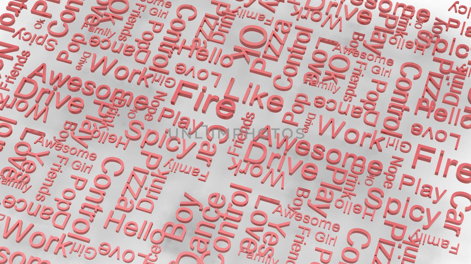 wallpaper red text random words on a light gray background. rain of letters dictionary 3d abstract render illustration isolated. Great for typography, education, uppercase letters on white