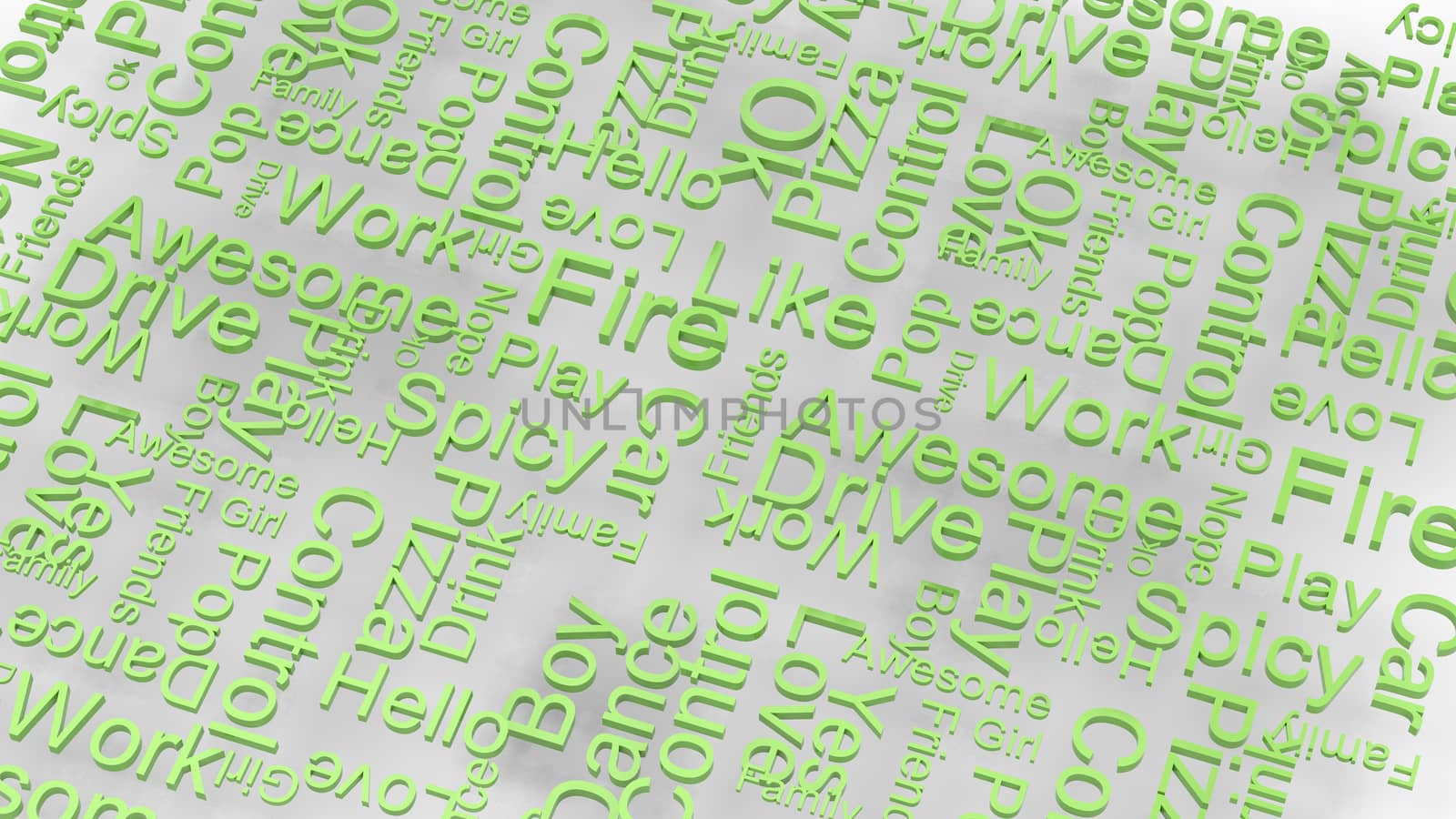 wallpaper green text random words on a light gray background. rain of letters dictionary 3d abstract render illustration isolated. Great for typography, education, uppercase letters on white