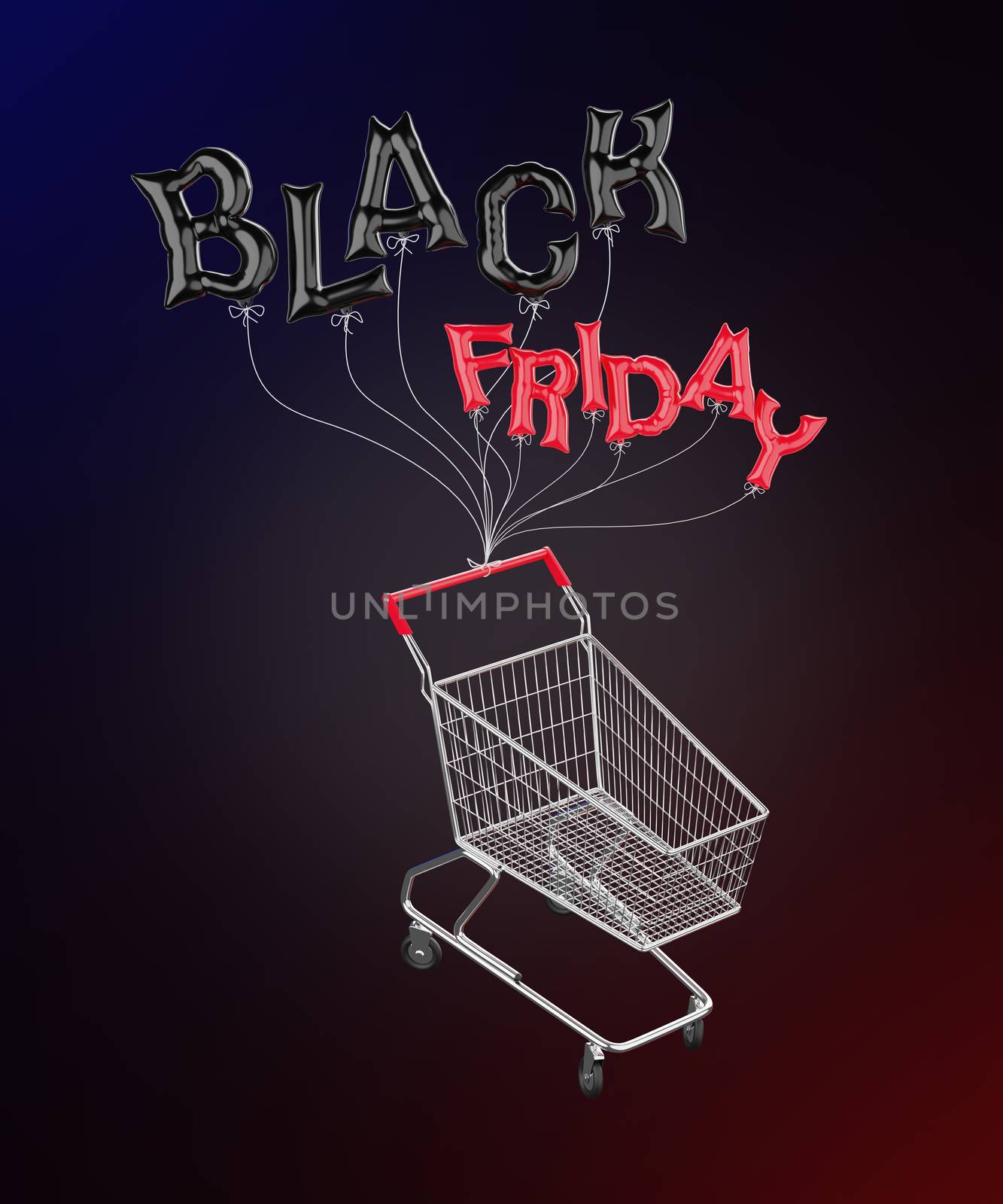 Balloons in the shape of the letters "Black Friday" is tied to a shopping cart and are floating in a black background. Concept of the shopping season on weekends of November every year. 3D rendering.