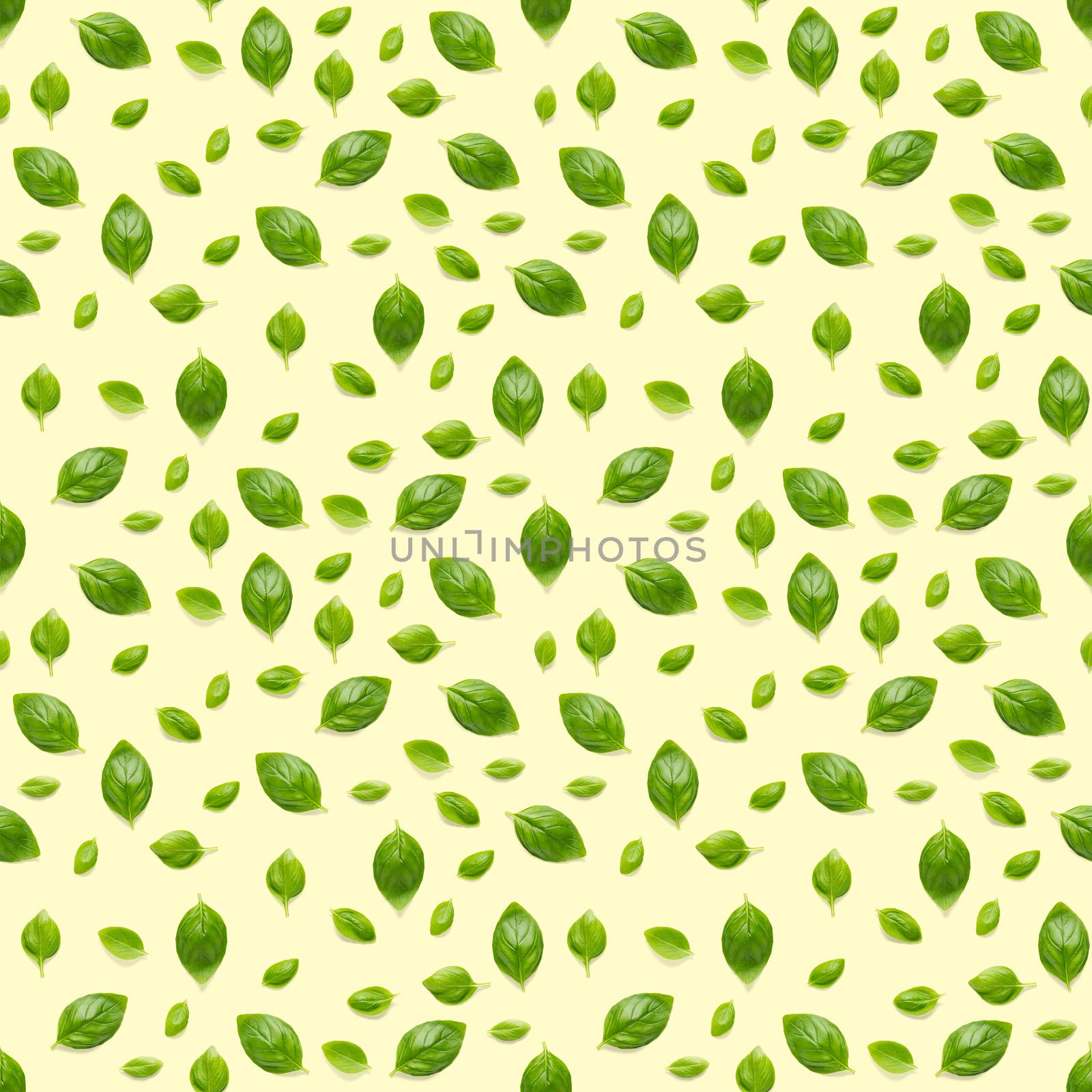 Italian Basil leaf herb seamless pattern on yellow background, Creative seamless pattern made from fresh green basil flat lay layout. by PhotoTime