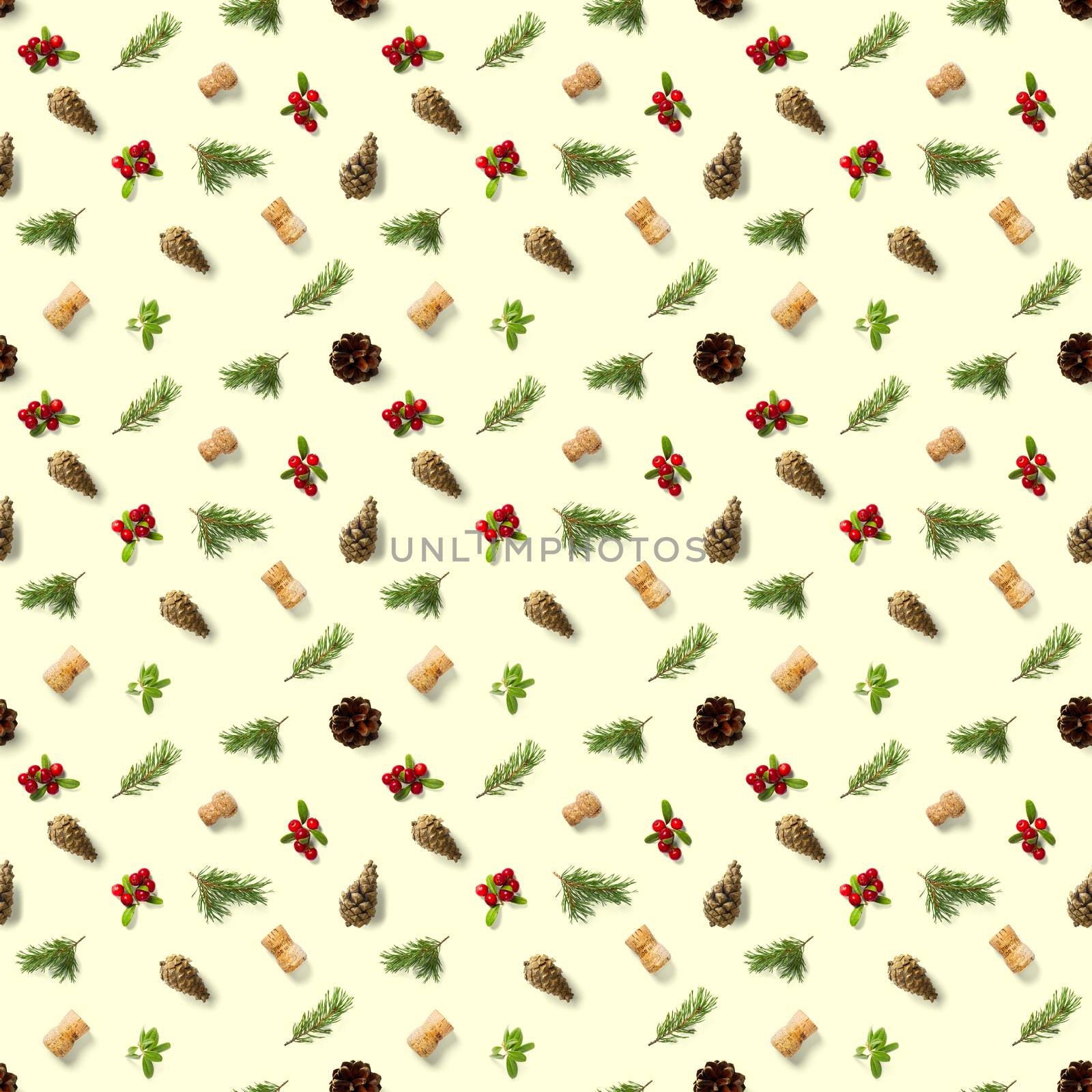 christmas seamless patterns with Pine cones wine cork and lingonberry. pattern christmas seamless on a yellow backdrop. Realistic photo collage. Print for paper, fabric, wallpaper.
