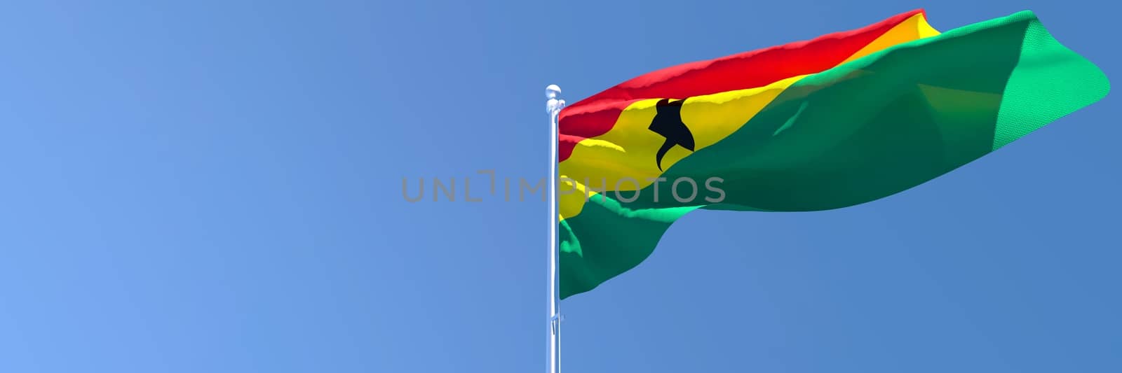 3D rendering of the national flag of Ghana waving in the wind against a blue sky