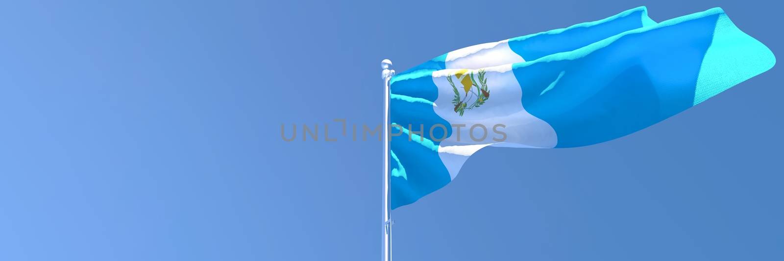 3D rendering of the national flag of Guatemala waving in the wind against a blue sky