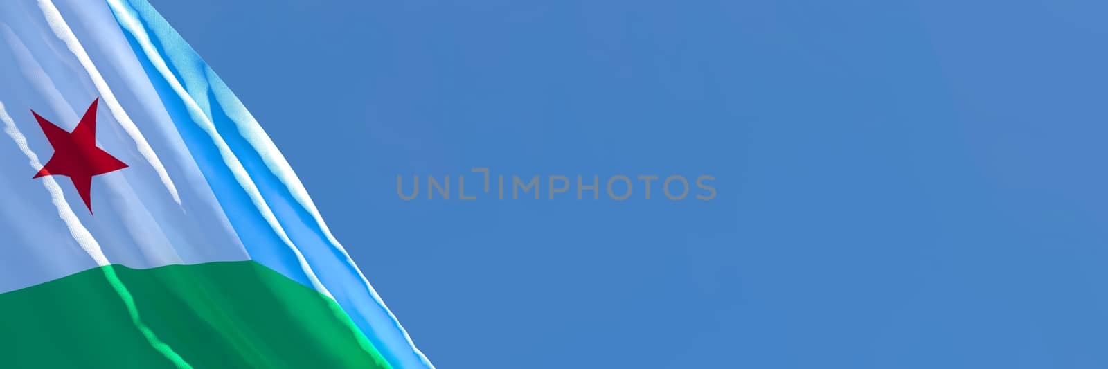 3D rendering of the national flag of Djibouti waving in the wind against a blue sky