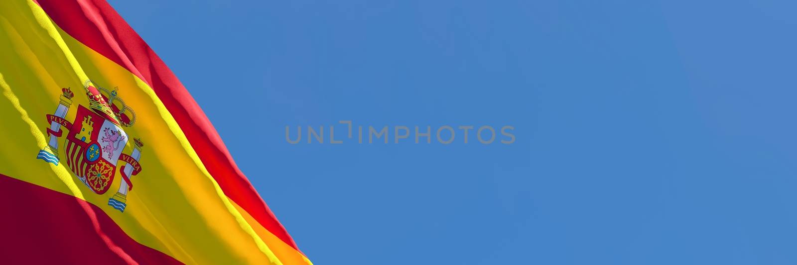 3D rendering of the national flag of Spain waving in the wind against a blue sky