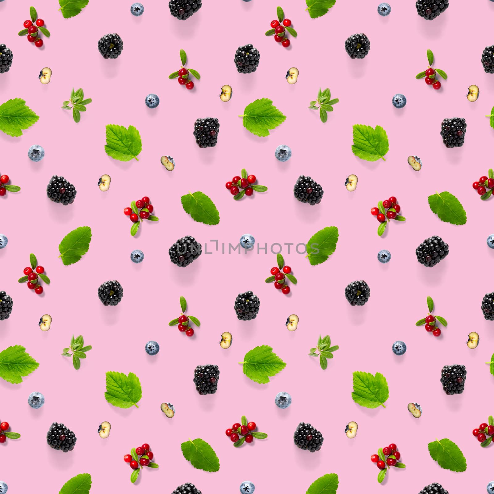 Creative seamless pattern of wild berries, blackberry, blueberry, lingonberry and bramble. modern seamless pattern on pink backgriund made from autumn forest wild berries. Forest berries mix