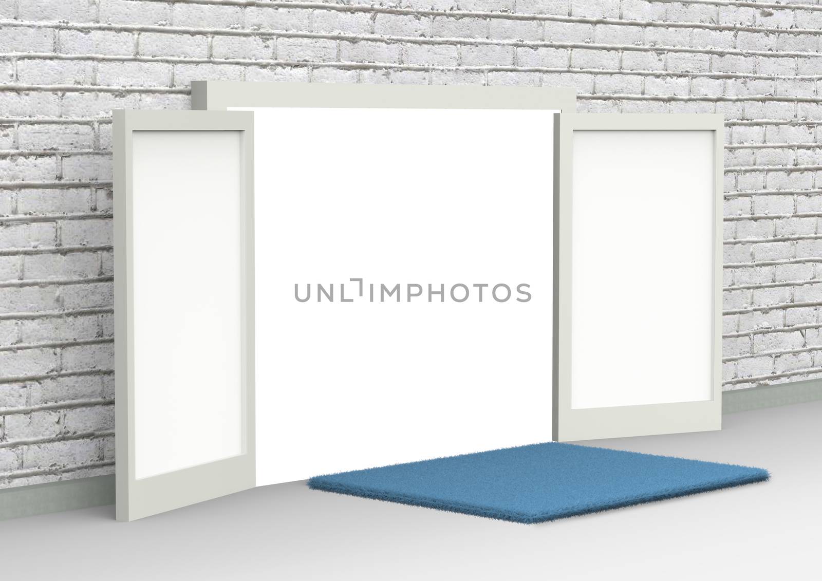 Perspective conceptual image of white opened door. Open gates in a brick wall with blue foot wiping mat on the floor. 3D rendering illustration, side view
