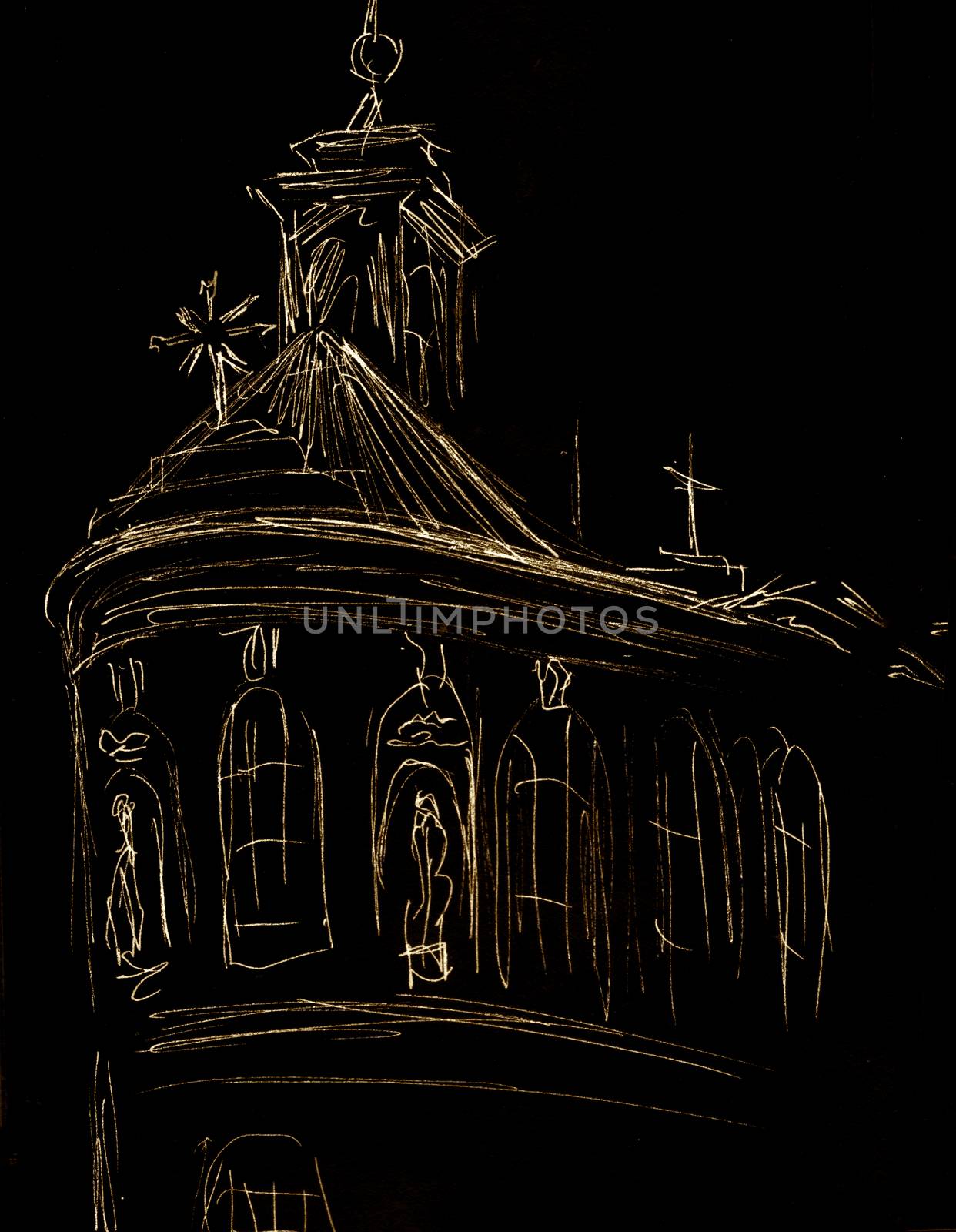 Urban sketch of European church. Quick lined hand-drawn illustration by sshisshka