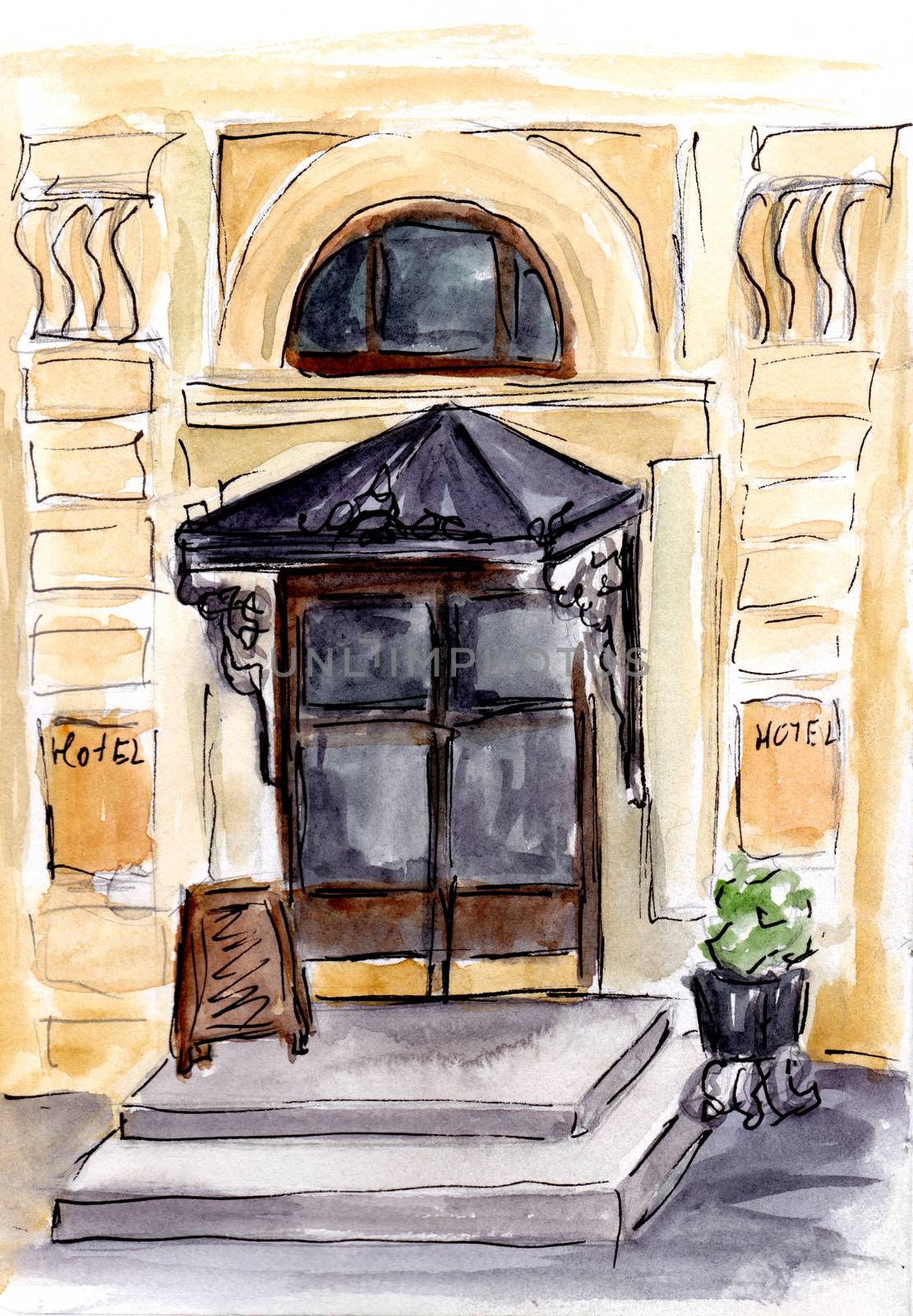 Watercolor sketch of hotel doorway. Hand-drawn illustration.