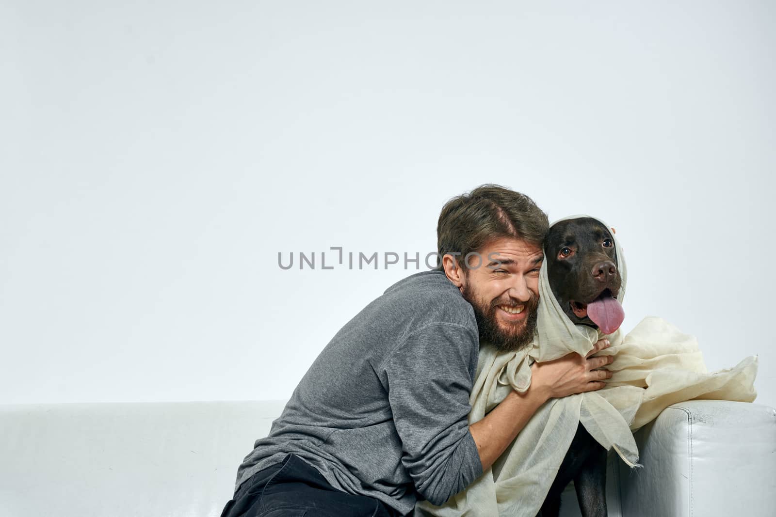 Happy man with dog and light fabric fun scarf friends pet. High quality photo