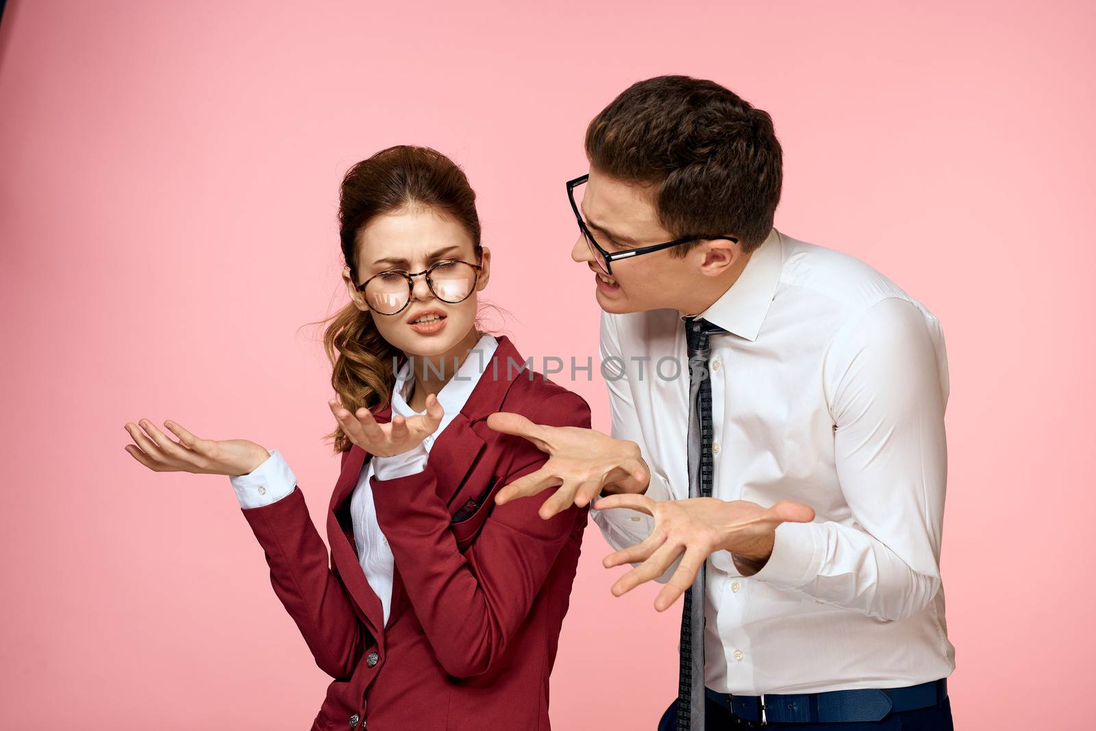 business man and woman office work colleagues team office management studio pink background by SHOTPRIME