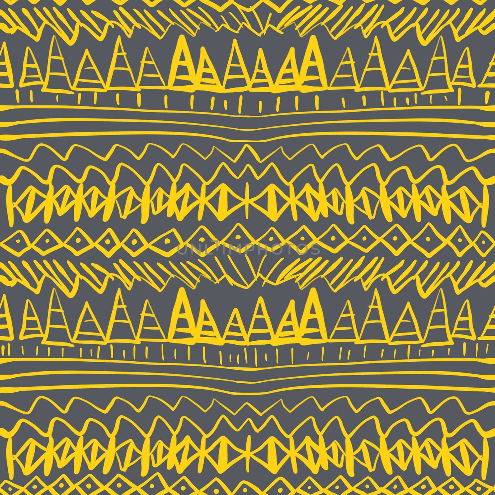 Yellow seamless ethnic and tribal pattern on black background. Hand drawn ornamental lines, geometric shapes. Endless print for textile, wrapping paper, cards.