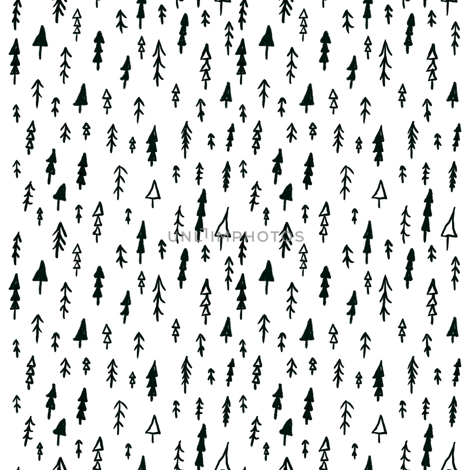 Nordic Christmas tree seamless pattern on white background. Festive endless background. Doodle ink repeat pattern design for for scrapbooking, cards, wrapping paper, wallpaper.