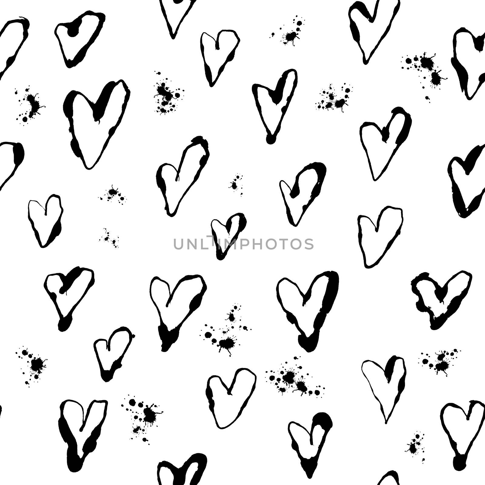 Ink texture hearts seamless pattern. Black design on white background. Love symbol, beautiful, romantic design. Hand drawn endless pattern illustration.