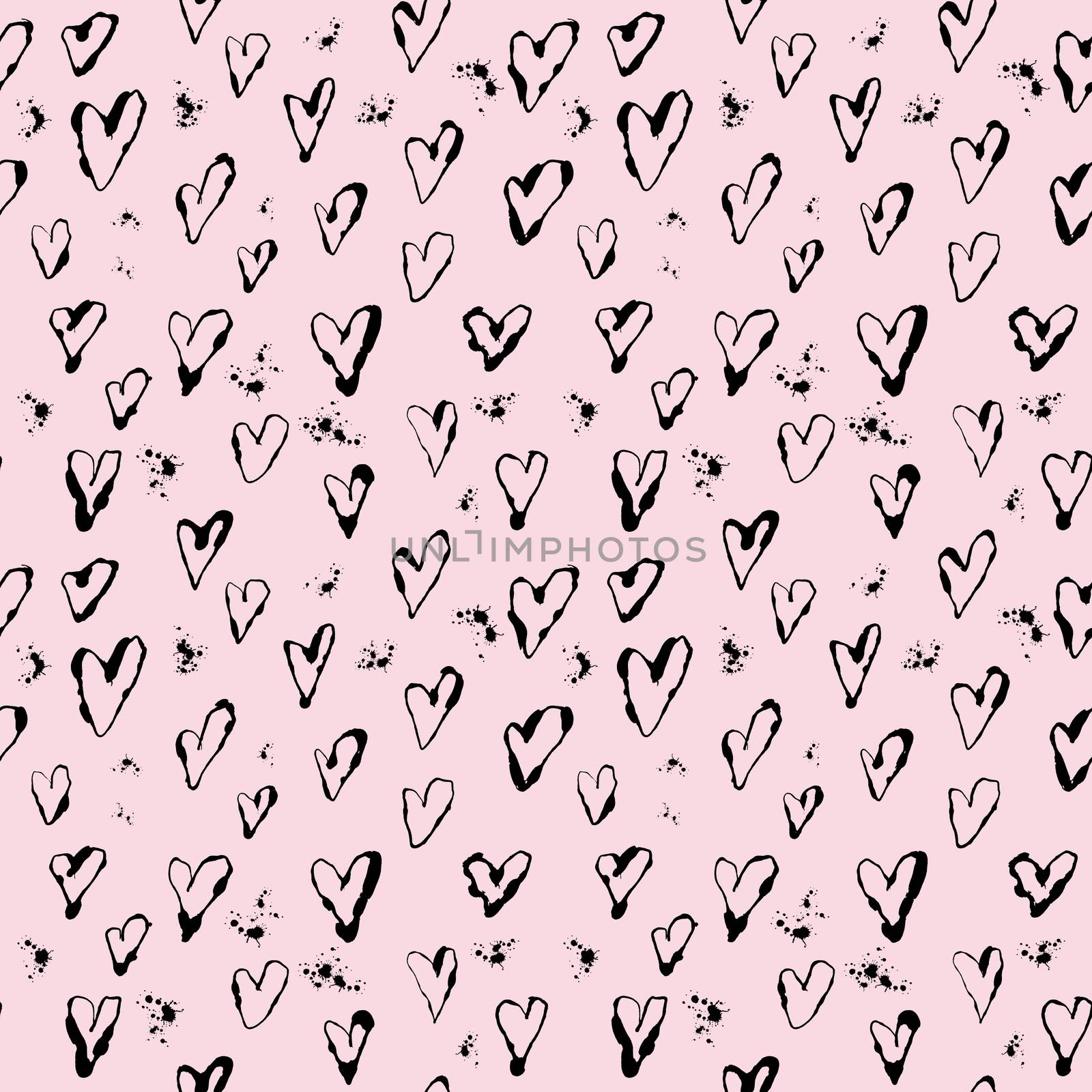 Ink texture hearts seamless pattern. Black design on pink background. Love symbol, beautiful, romantic design. Hand drawn endless pattern illustration.