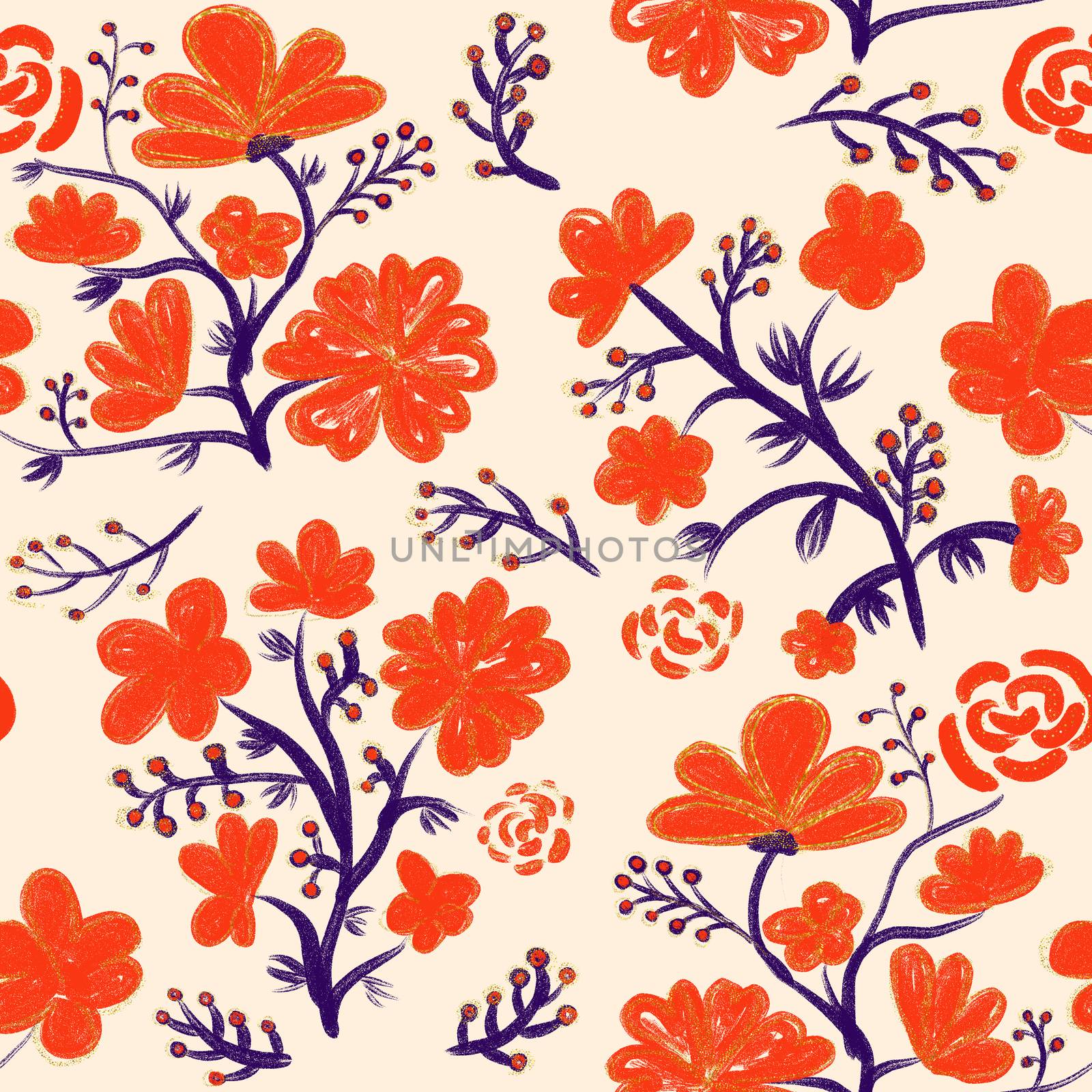 Orange floral seamless pattern on beige background. Asian flower design pattern for scrapbooking, cards, wedding invitations, Valentine Day, mother day.