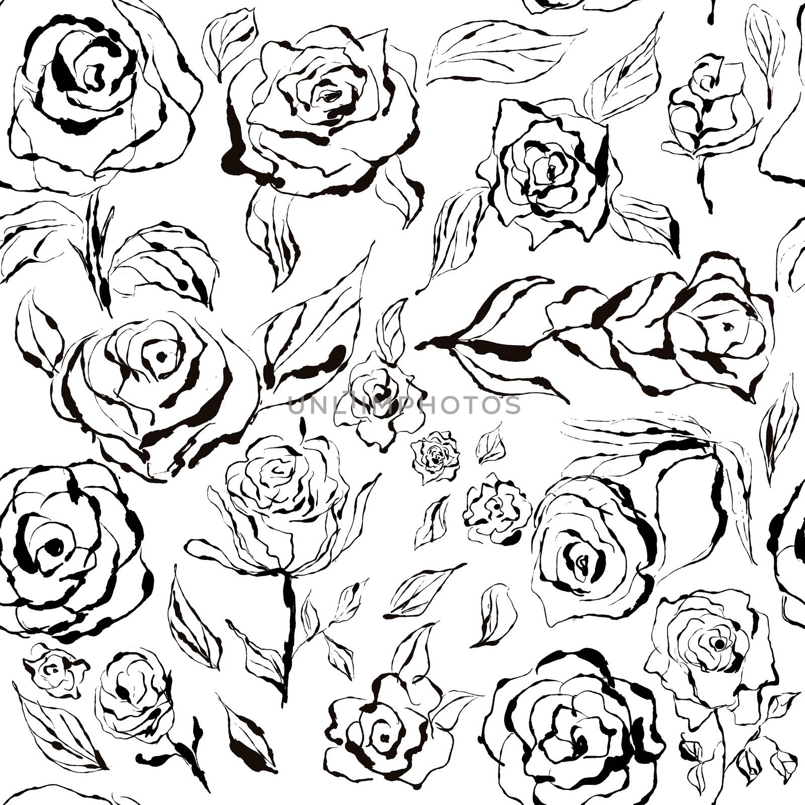 Black and white seamless pattern with black roses on white background. Hand drawn, ink texture pattern. Endless pattern for scrapbooking, cards, wedding invitations, Valentine Day, mother day.
