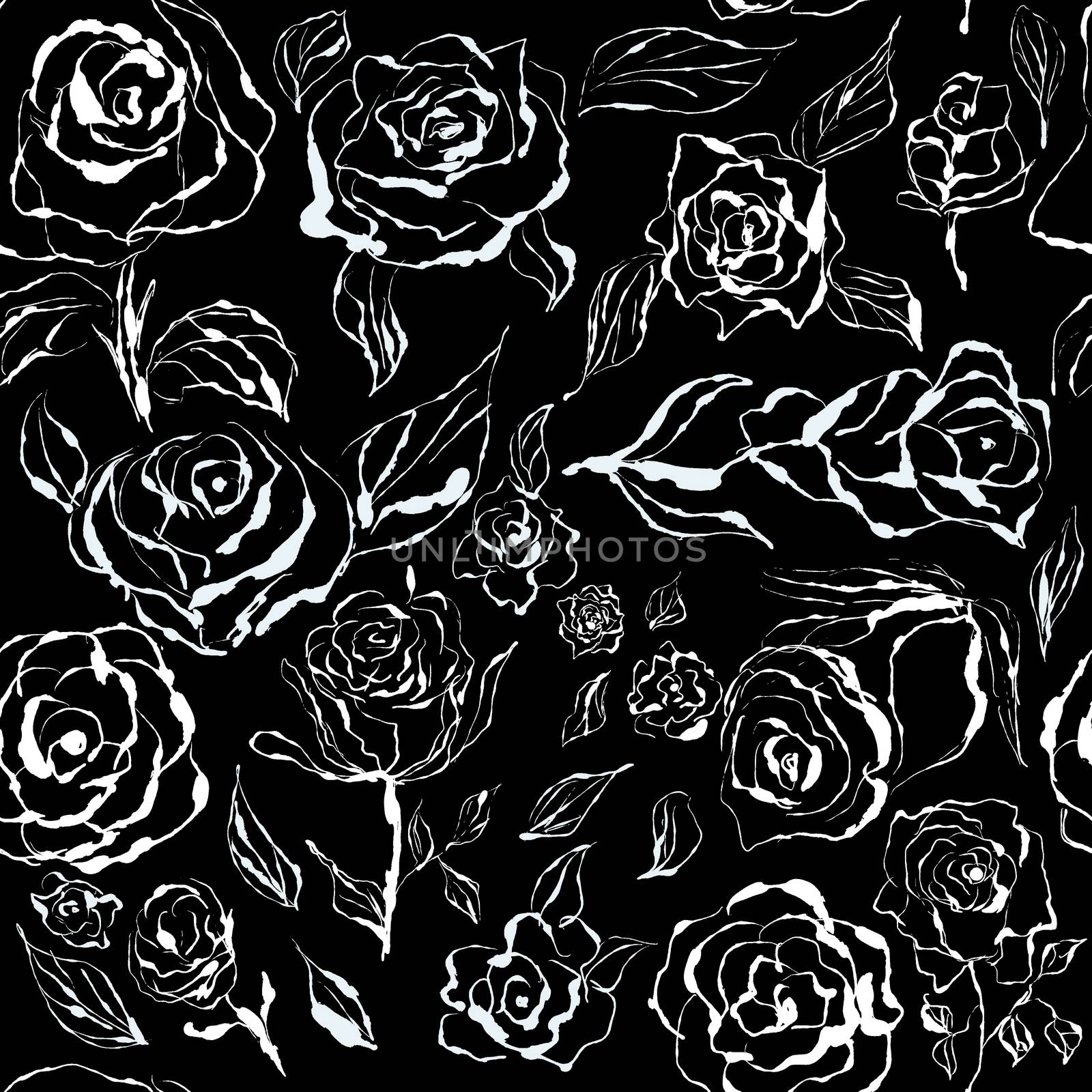 Seamless pattern illustration in black and white, flowers , botanical, endless pattern on black background. Design for scrapbooking, wallpaper, wrapping paper, cards.