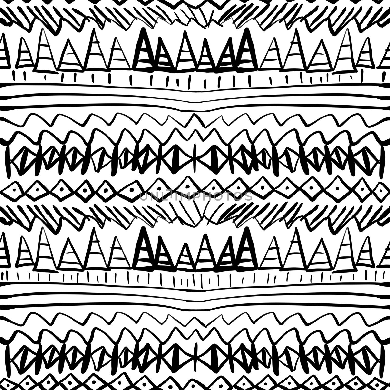 Black seamless ethnic and tribal pattern on white background. Hand drawn ornamental lines, geometric shapes. Black and white print for textile, wrapping paper, cards.