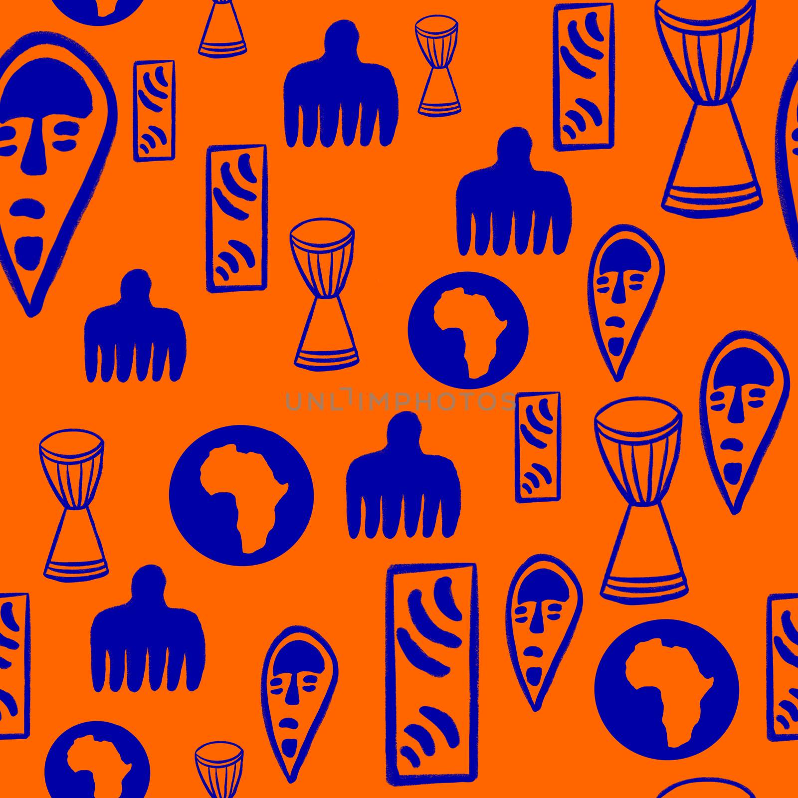 Bright Orange and blue Seamless Tribal pattern. African symbols endless pattern. Ethnic Aztec style illustration.