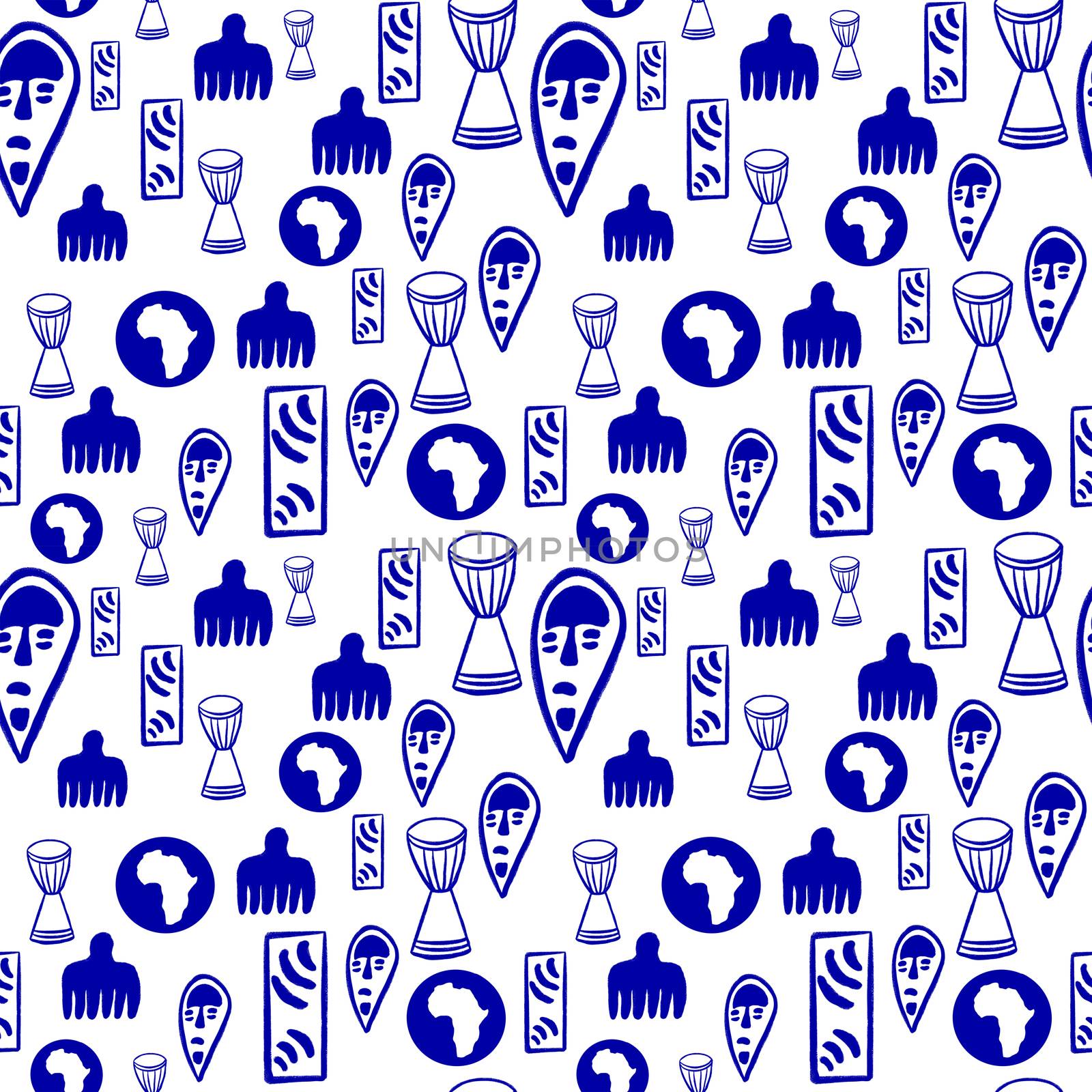 Blue Seamless Tribal pattern on white background. African symbols endless pattern. Ethnic Aztec style illustration.