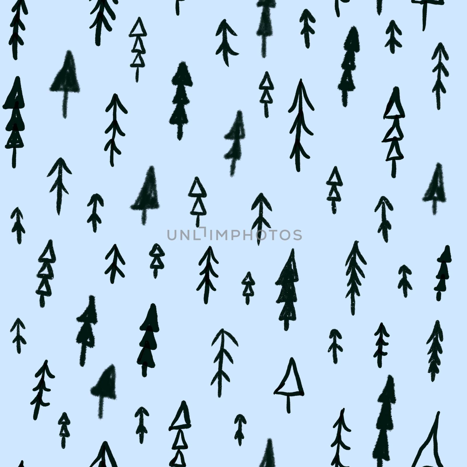 Hand drawn Christmas tree seamless pattern on blue background. Doodle ink repeat pattern design for scrapbooking, cards, wrapping paper, wallpaper.